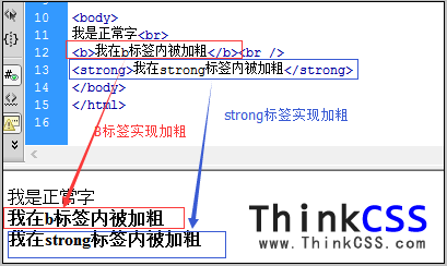 html b和strong加粗HTML代码与加粗效果截图