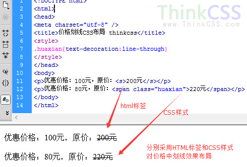 html标签价格划线与CSS样式价格划线实例