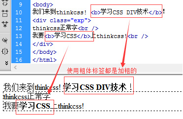 有两处使用b加粗标签，实现字体加粗