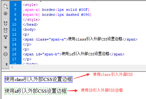 分别对span用了class和id引入外部CSS设置span边框样式。